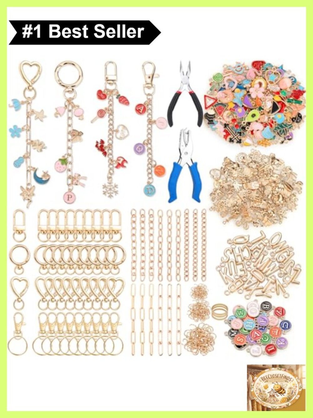 485 Pcs DIY Keychain Charm Making Kit Gold Charms Keychain Hooks Pliers